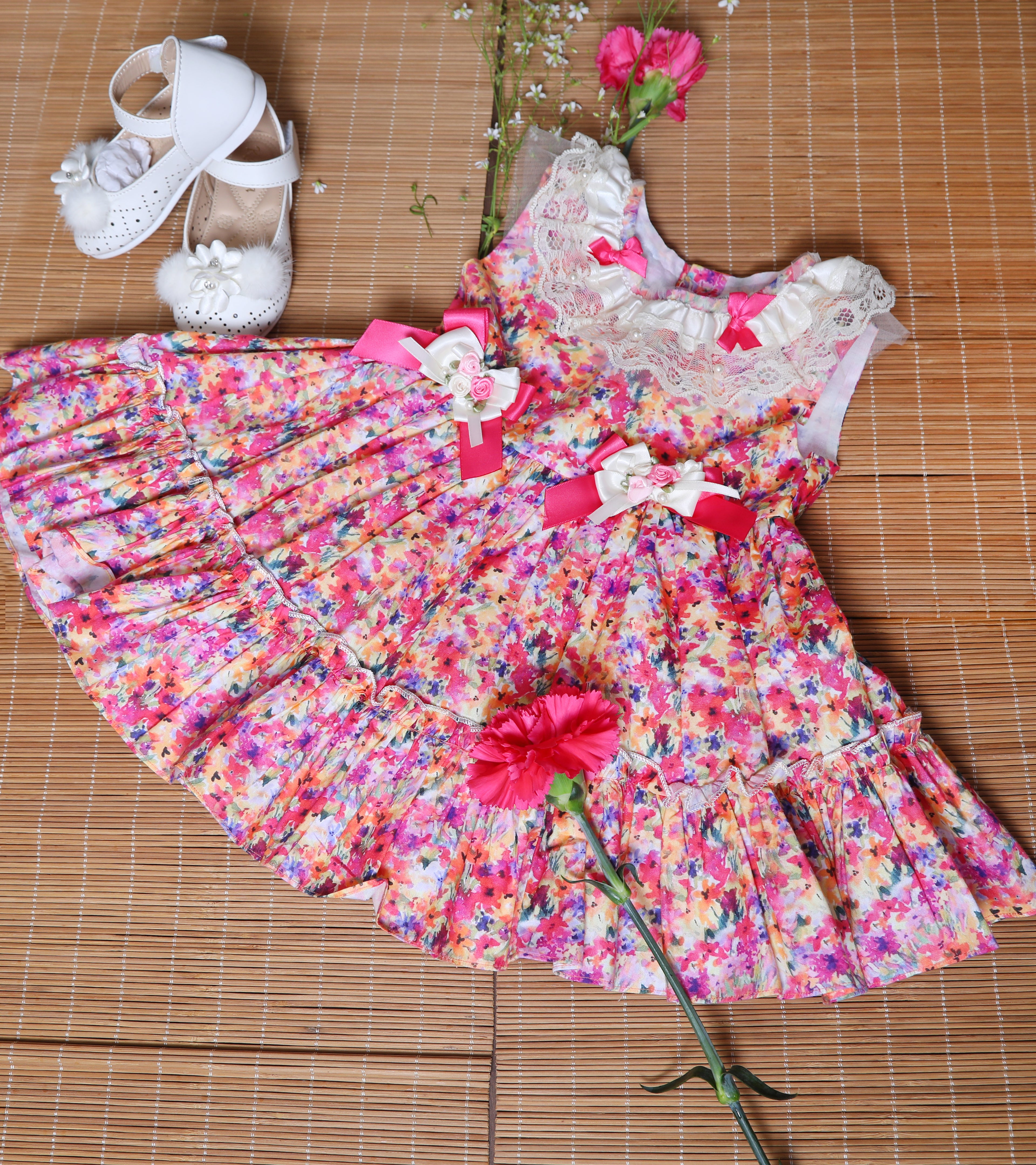 Flower Printed Cotton Frock with Bows