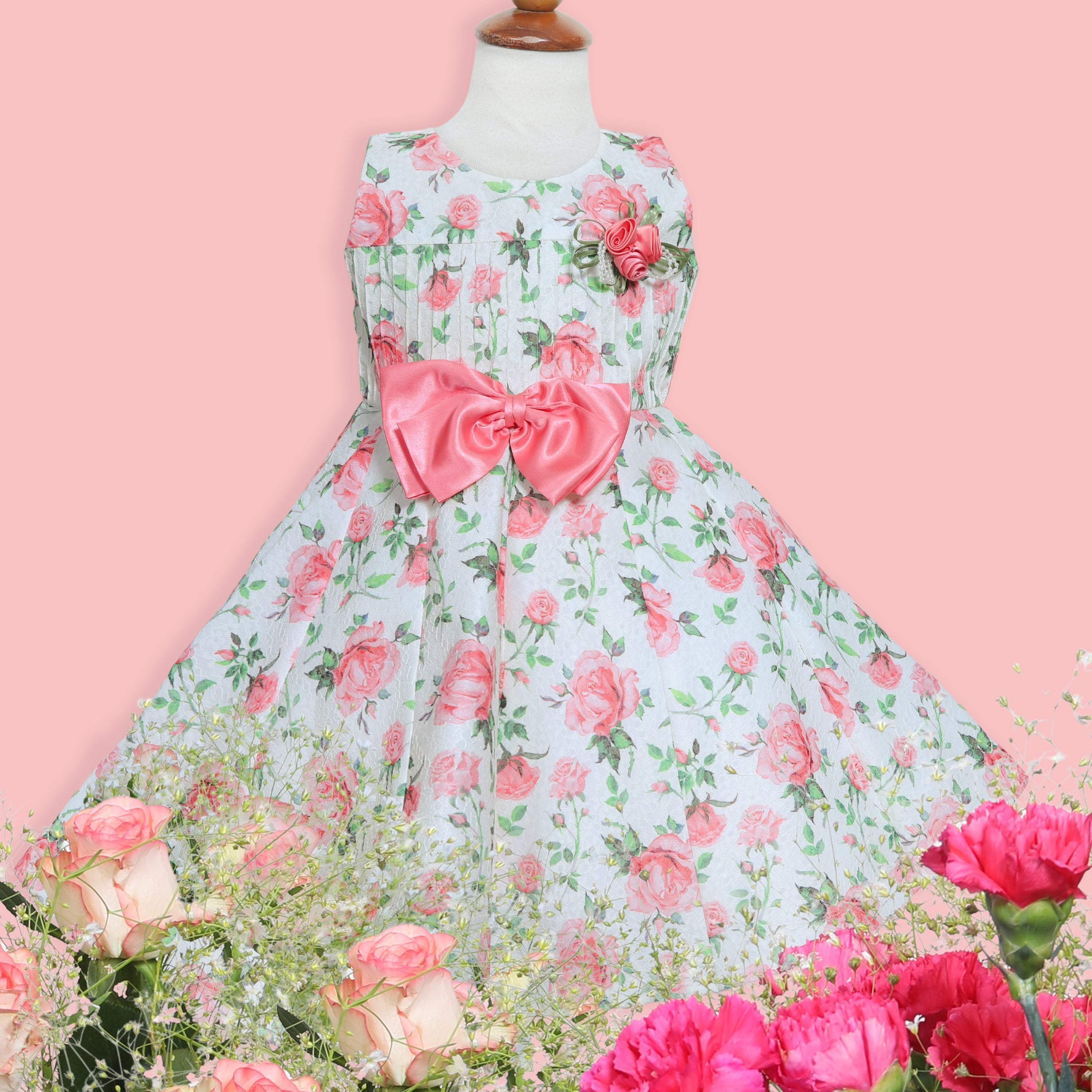 Girls Flower Printed Party Frock with Bow