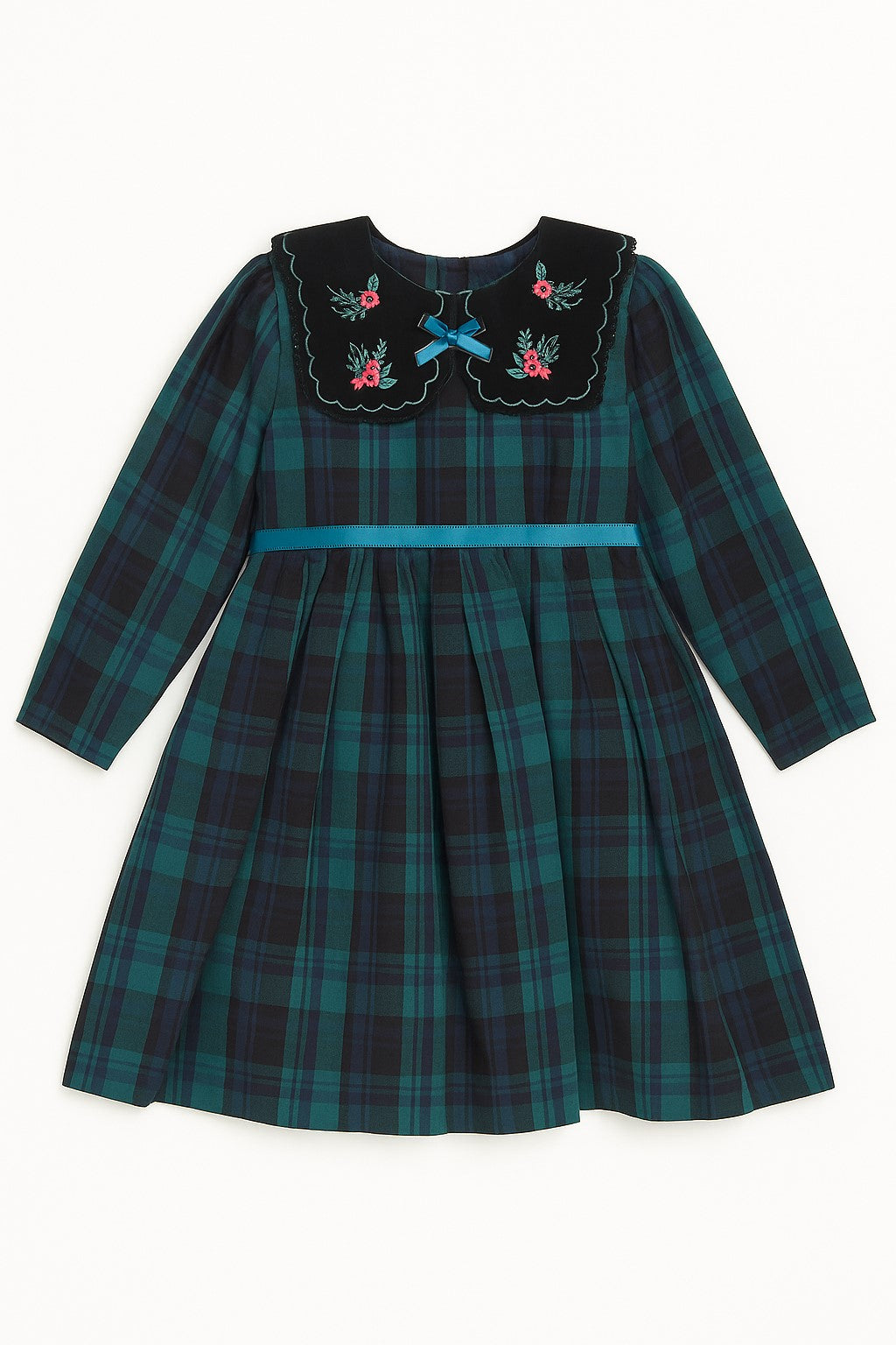 Green & Navy Tartan Dress with Embroidered Velvet Collar