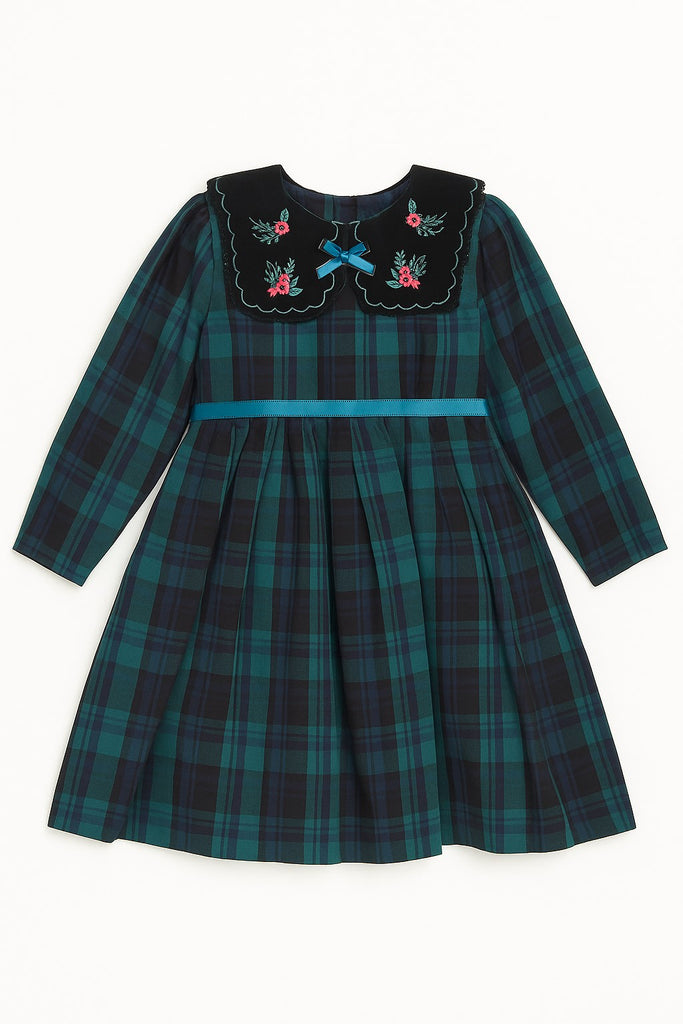 Green Navy Tartan Dress with Embroidered Velvet Collar