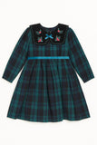 Green & Navy Tartan Dress with Embroidered Velvet Collar