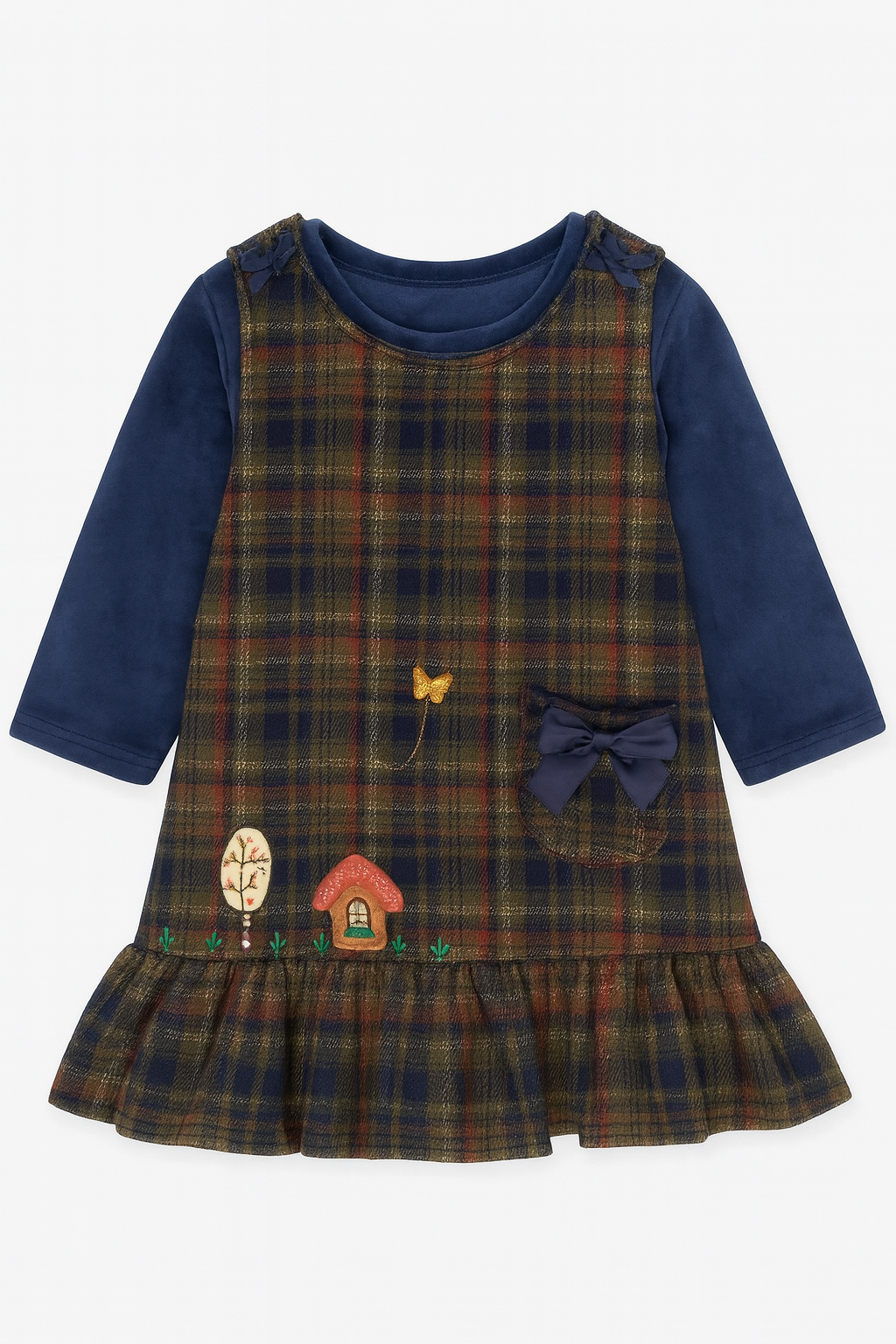 Navy Check Layered Winter Dress with Bow Pocket & Cottage Embroidery