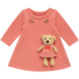 Peach “Teddy Buddy” Full-Sleeve A-Line Baby Dress with Floral Appliqué