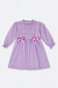 Lavender Rosebud Embroidered Party Dress for Baby Girls | Ruffle Neck & Double Bows