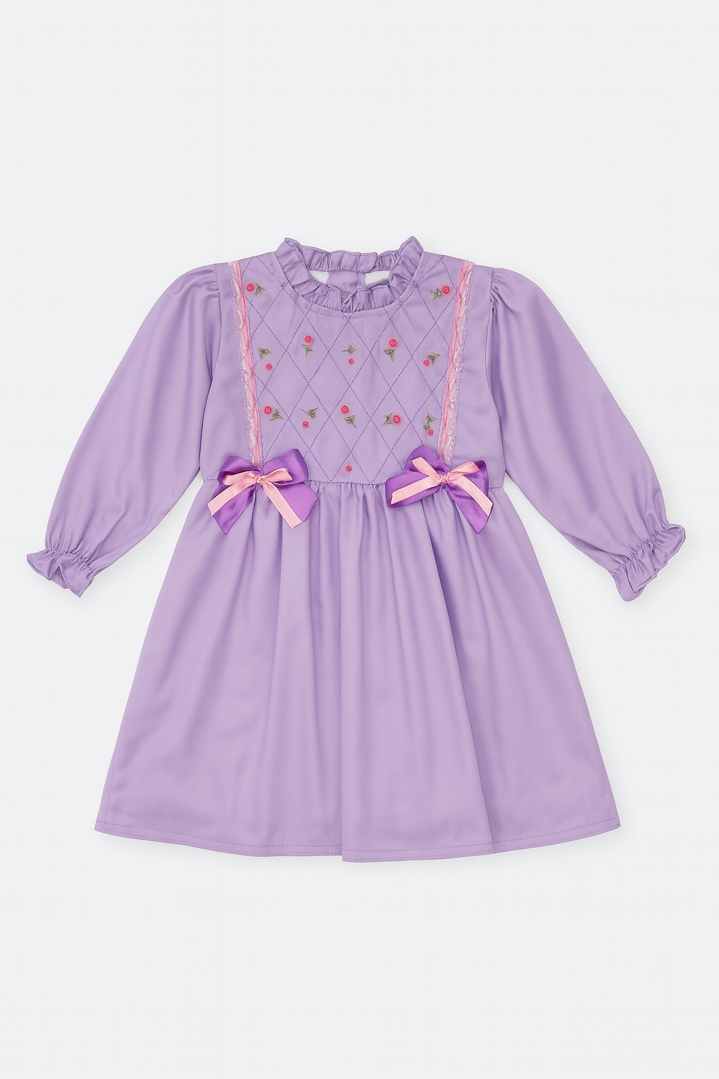 Lavender Rosebud Embroidered Party Dress for Baby Girls | Ruffle Neck & Double Bows
