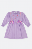 Lavender Rosebud Embroidered Party Dress for Baby Girls | Ruffle Neck & Double Bows