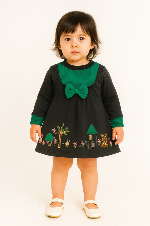 Baby Girl Black & Green Embroidered Frock