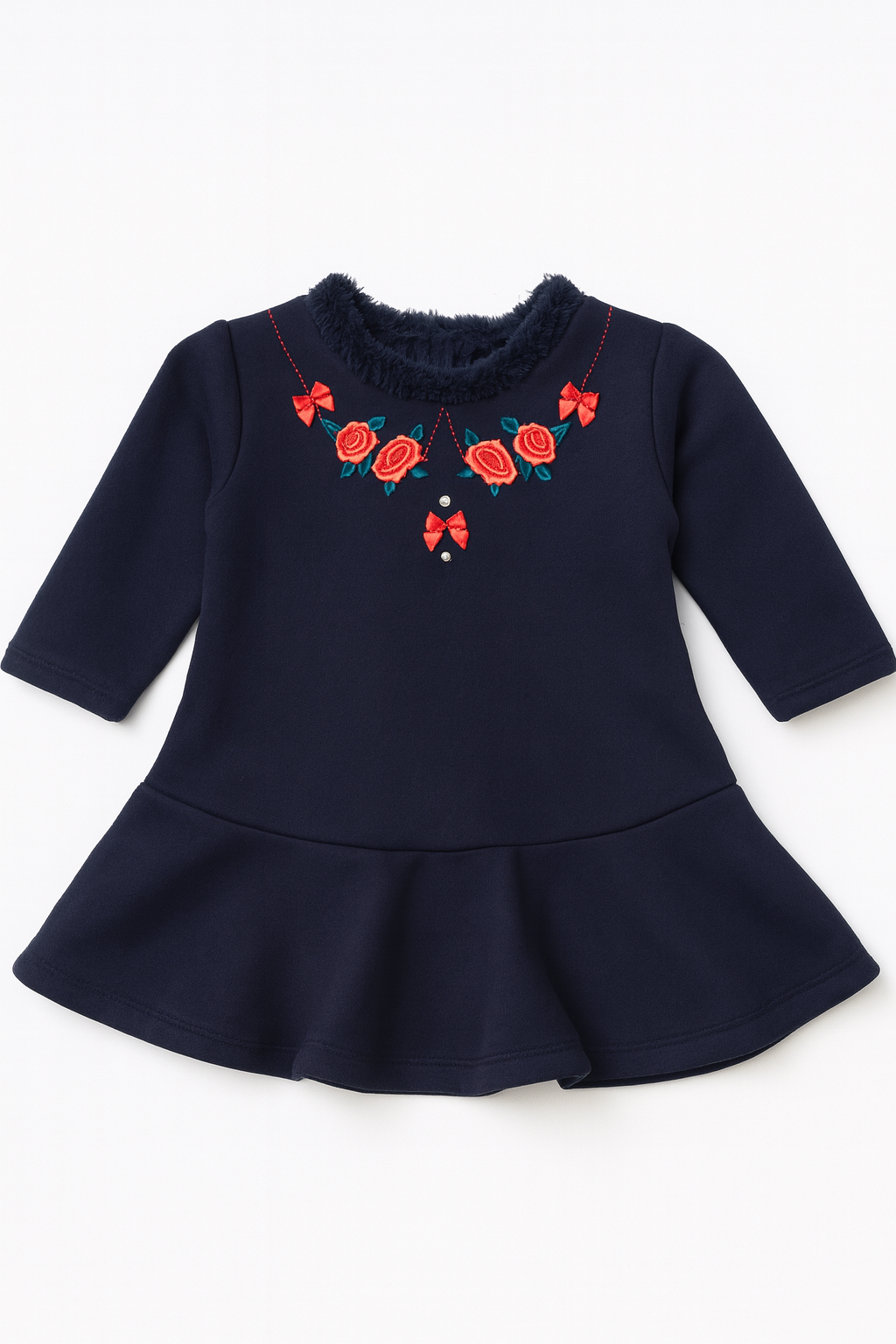 Navy Winter Dress with Floral Embroidery & Faux-Fur Collar