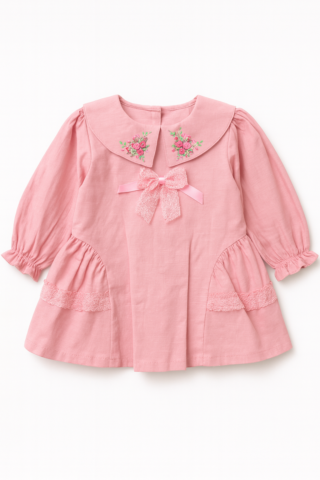 Blush Pink Vintage Collar Dress with Lace & Floral Embroidery