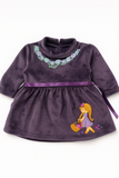 Plum Velour Winter Dress with Lace Neck & Girl Embroidery