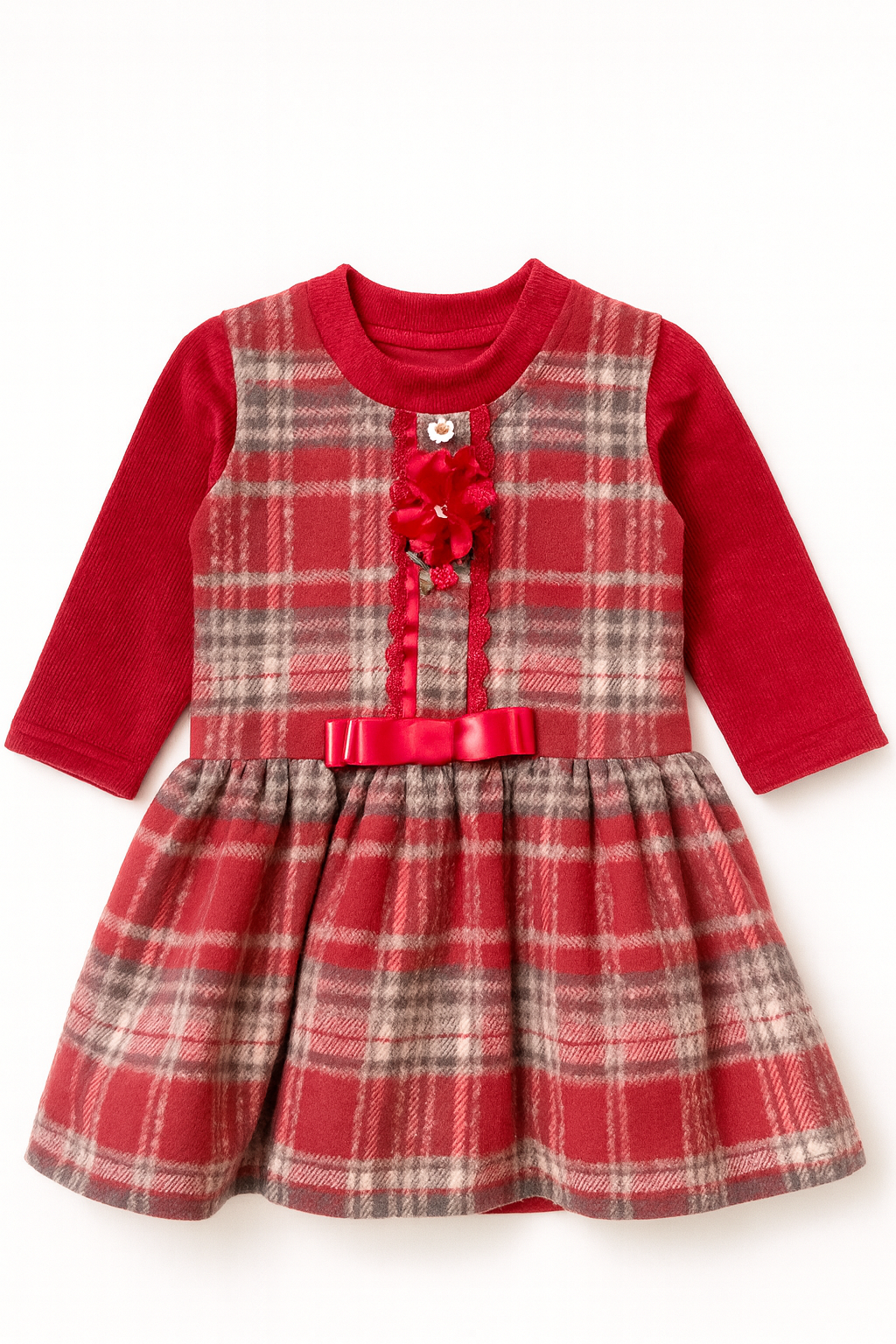 Red Check Layered Winter Dress with Flower & Satin Bow
