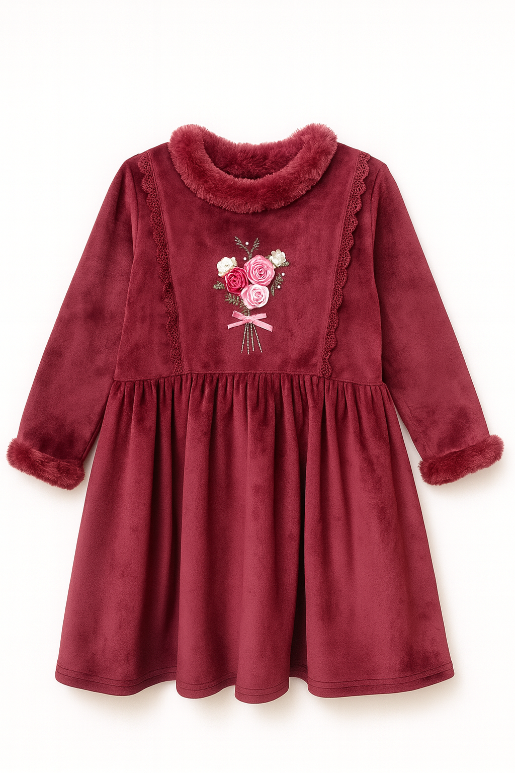 Wine Velour Winter Dress with Faux-Fur Collar & Rose Bouquet Embroidery