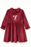 Wine Velour Winter Dress with Faux-Fur Collar & Rose Bouquet Embroidery