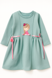 Mint Winter Dress with Girl Appliqué & Pink Ribbon Ties