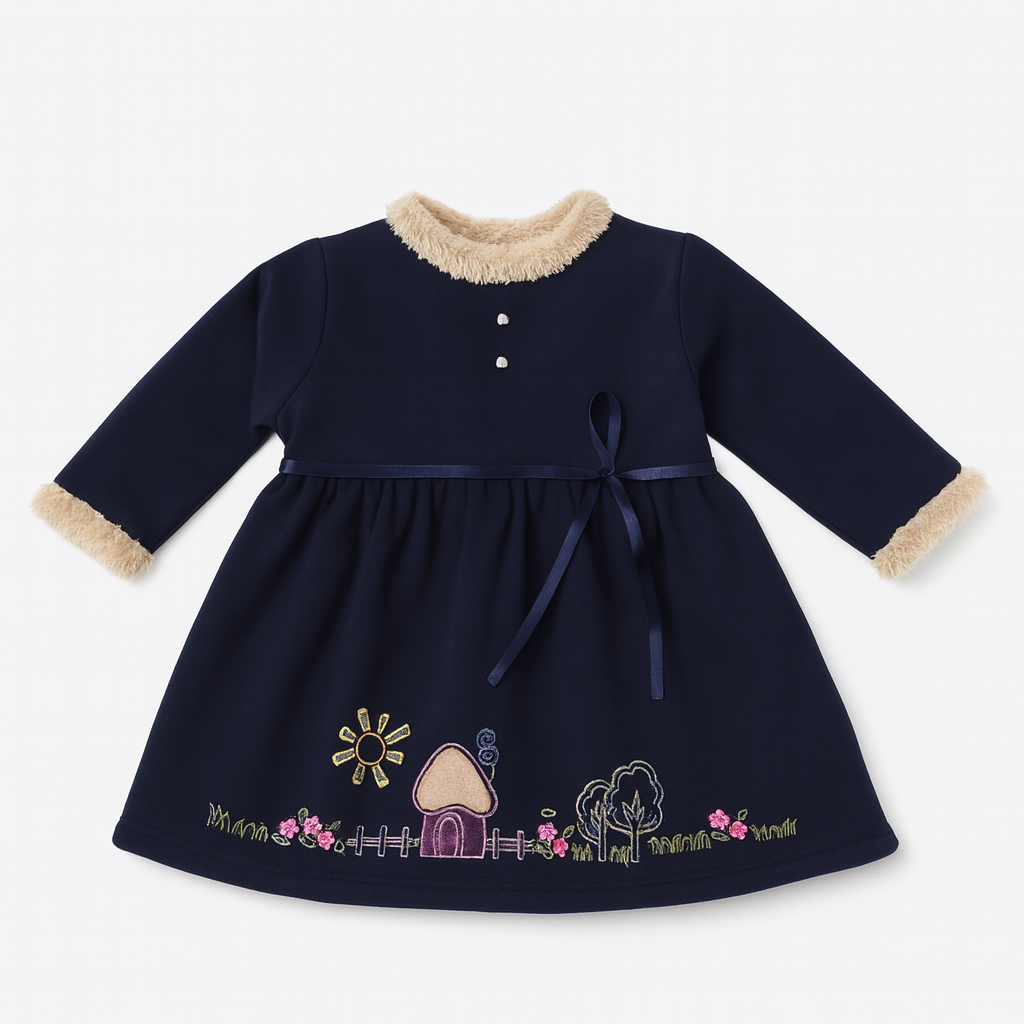 Navy Cozy Winter Dress with Faux-Fur Trim & Cottage Embroidery