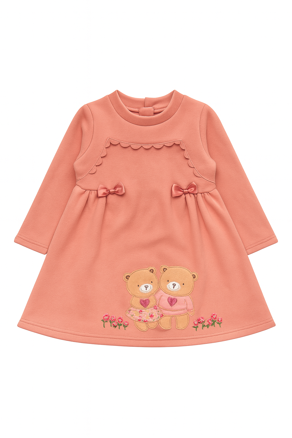 Peach Winter Dress with Teddy Bear Embroidery & Bow Detail