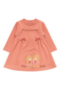 Peach Winter Dress with Teddy Bear Embroidery & Bow Detail