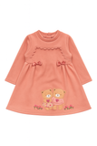 Peach Winter Dress with Teddy Bear Embroidery & Bow Detail