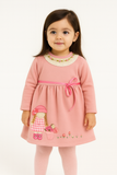 Pink Winter Dress with Doll Appliqué & Floral Neck Embroidery