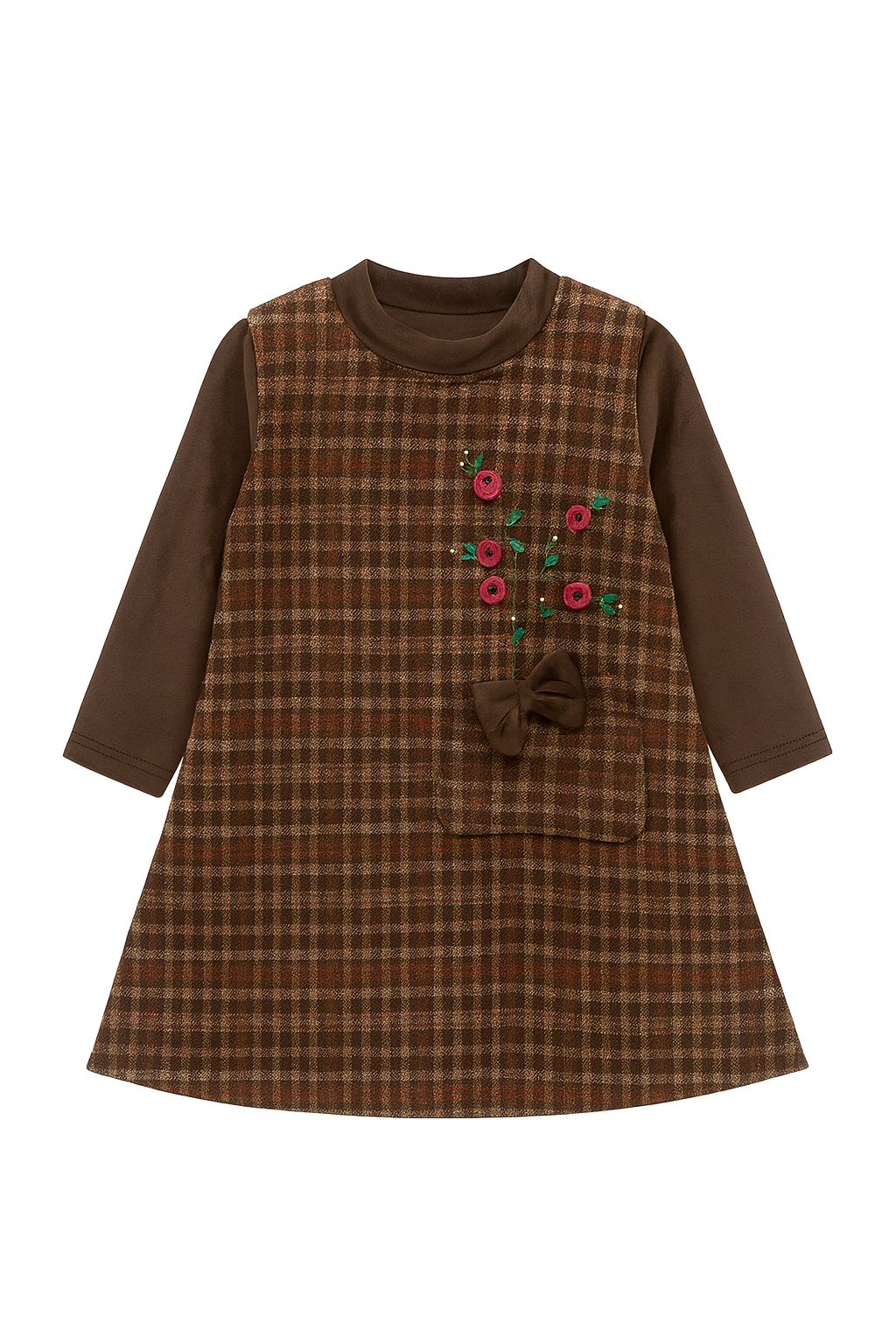 Brown Check Winter Dress with Floral Embroidery & Bow Pocket
