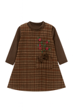 Brown Check Winter Dress with Floral Embroidery & Bow Pocket