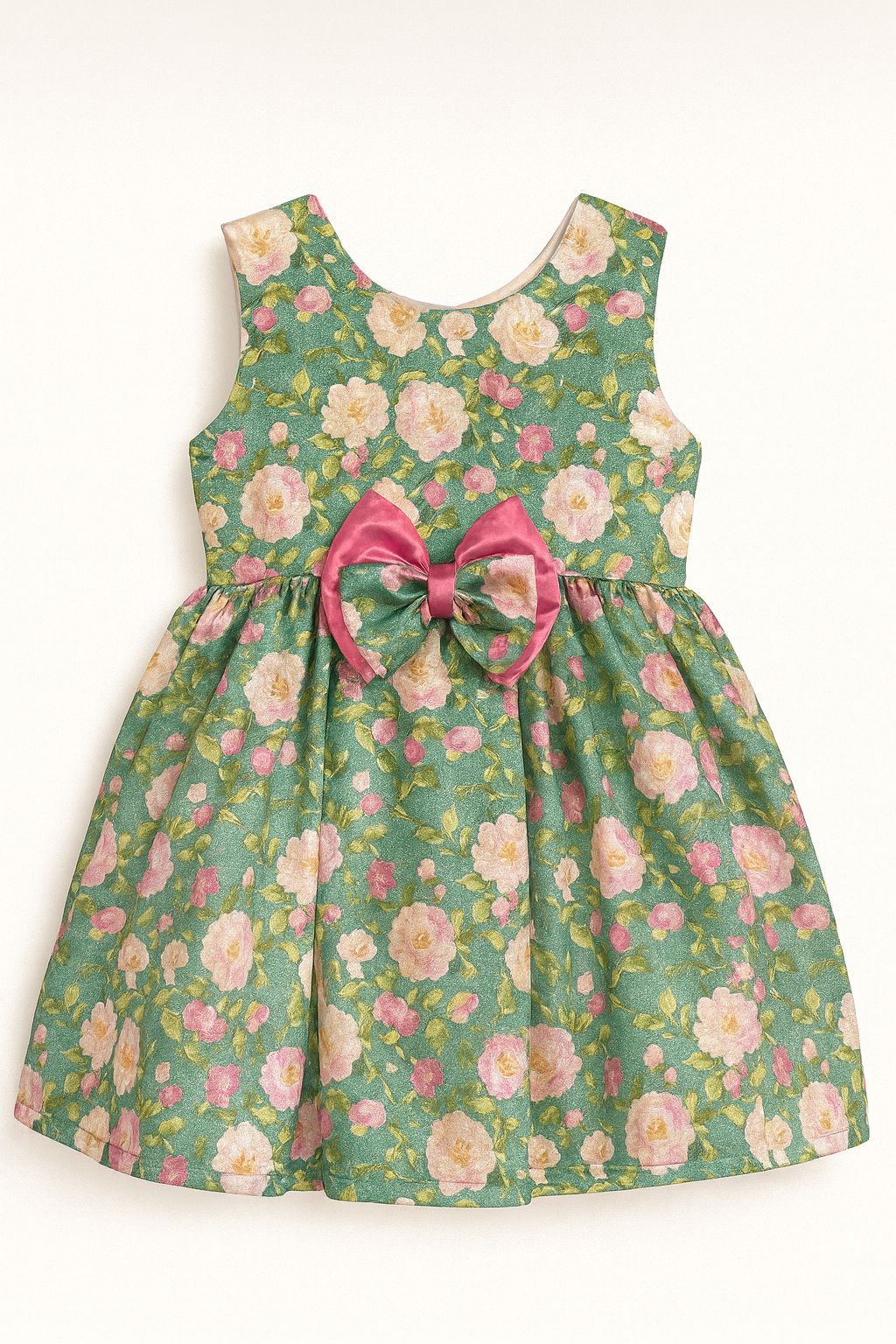 Green Floral Party Dress with Satin Bow