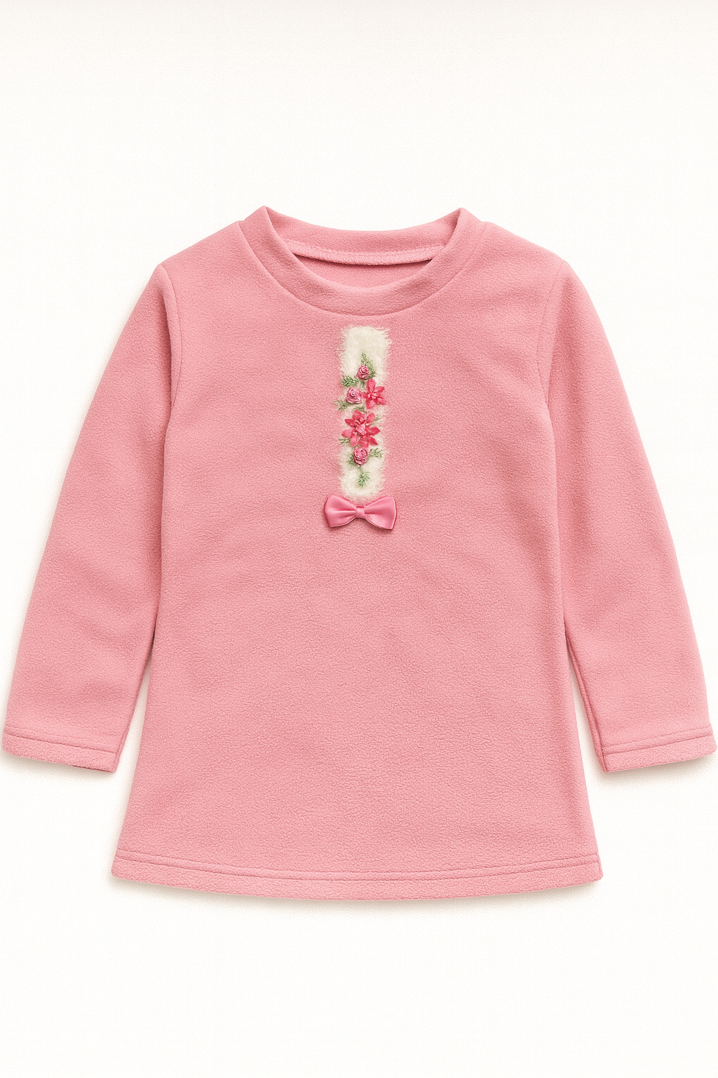 Pink Winter Top with Fur Panel, Floral Embroidery & Satin Bow