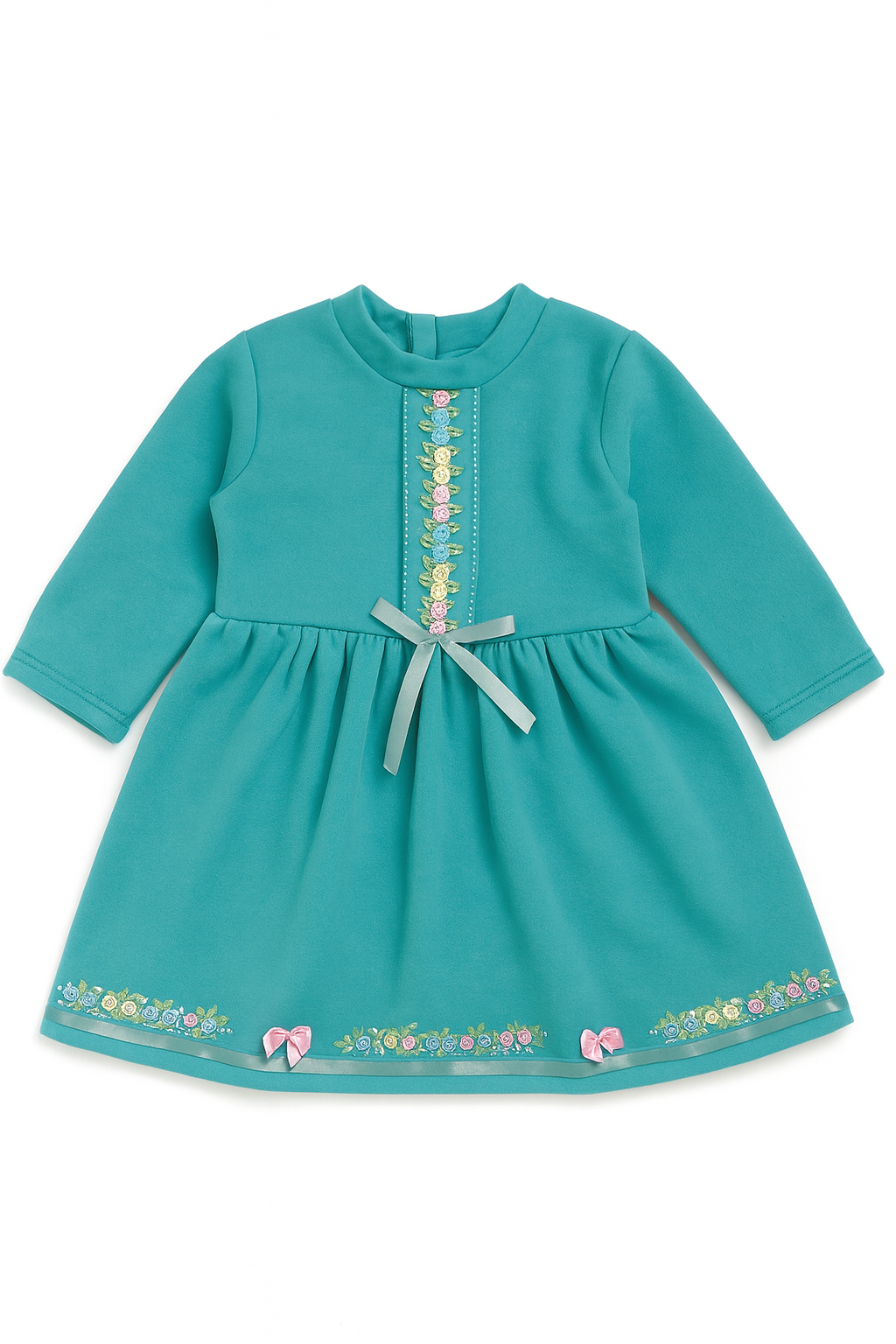 Teal Winter Dress with Floral Embroidery & Satin Bow