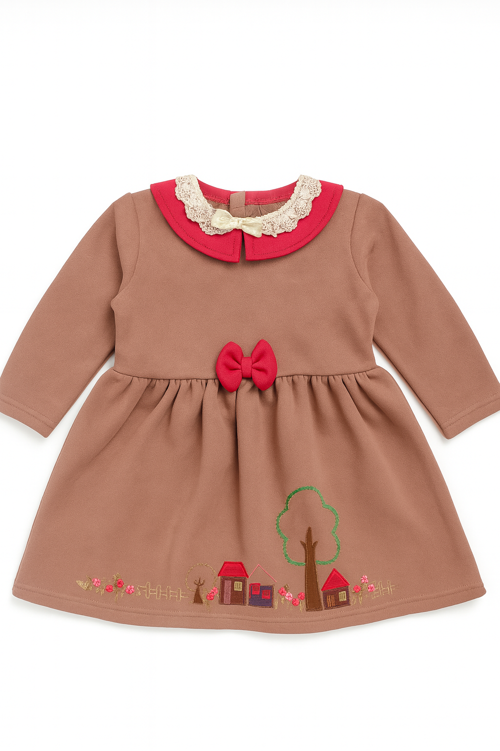 Brown Winter Dress with Red Collar & Village Embroidery
