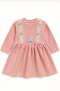 Pink Winter Dress with Teddy Embroidery & Lace Detailing