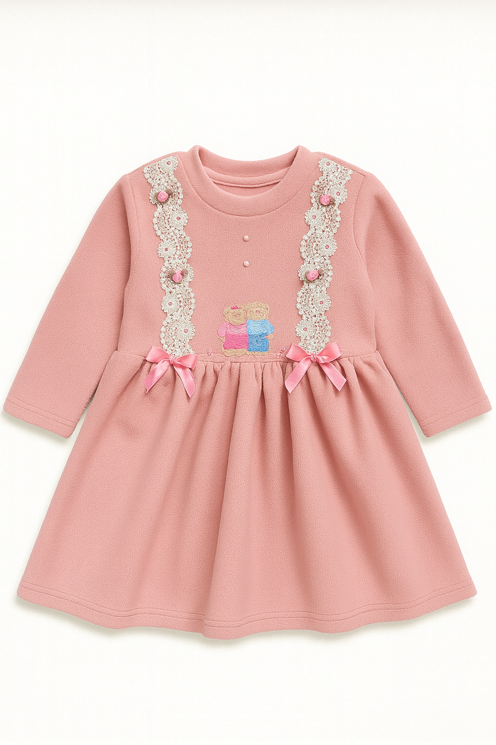 Pink Winter Dress with Teddy Embroidery & Lace Detailing