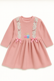Pink Winter Dress with Teddy Embroidery & Lace Detailing
