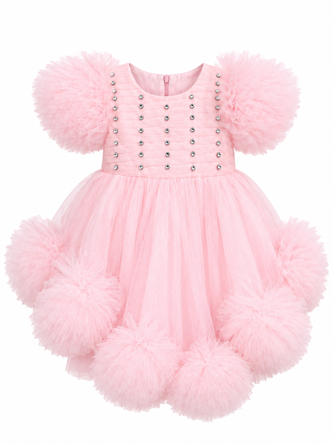 Baby Pink Rhinestone Tulle Party Dress with Puff Sleeves
