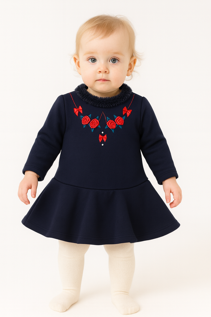 Navy Winter Dress with Floral Embroidery & Faux-Fur Collar
