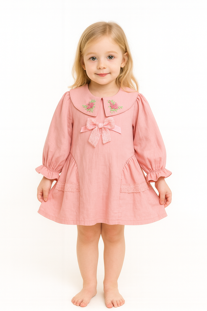 Blush Pink Vintage Collar Dress with Lace & Floral Embroidery