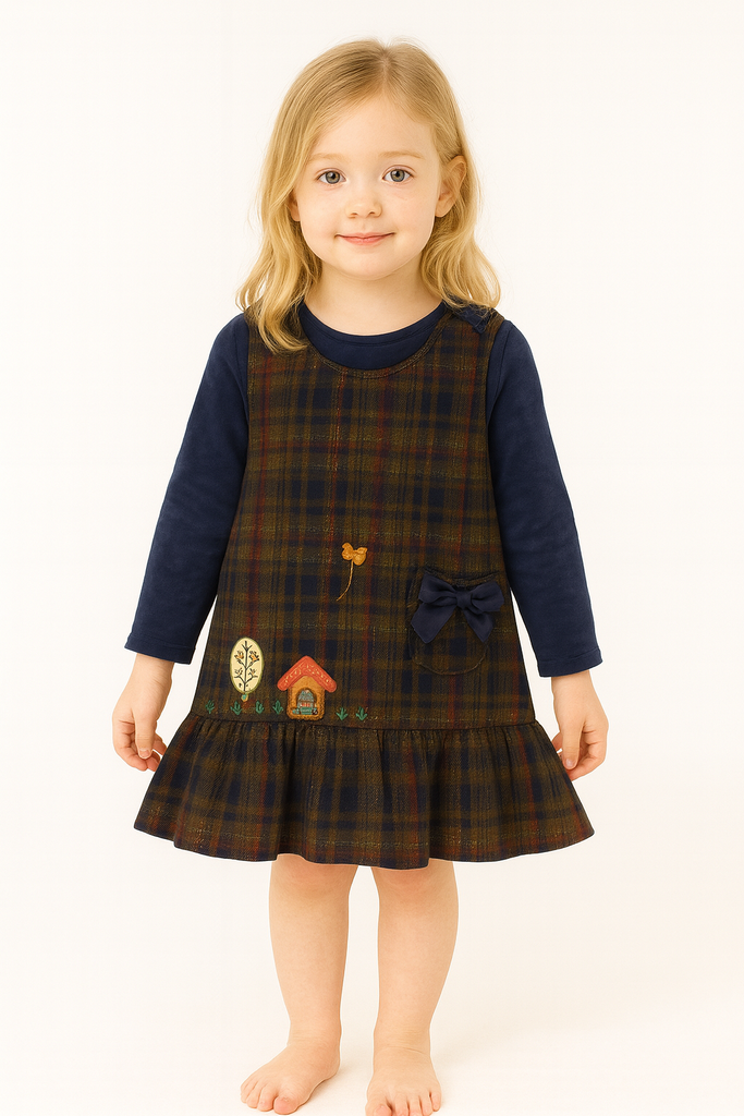 Navy Check Layered Winter Dress with Bow Pocket & Cottage Embroidery