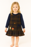 Navy Check Layered Winter Dress with Bow Pocket & Cottage Embroidery