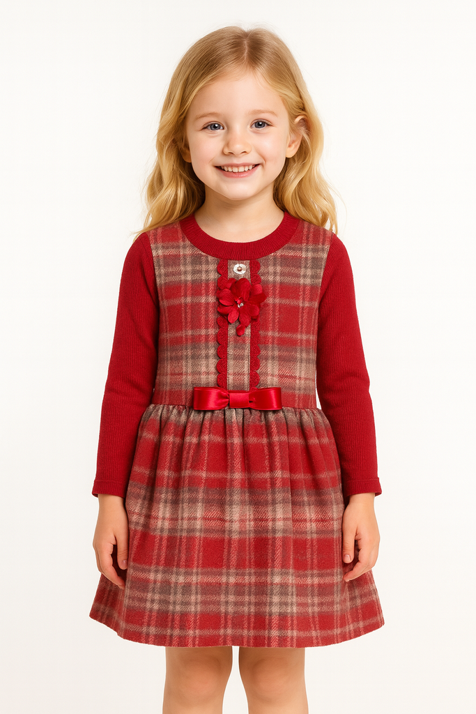 Red Check Layered Winter Dress with Flower & Satin Bow