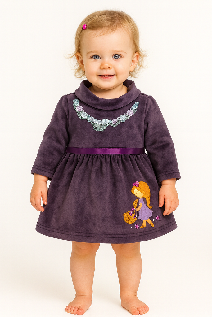 Plum Velour Winter Dress with Lace Neck & Girl Embroidery