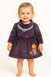 Plum Velour Winter Dress with Lace Neck & Girl Embroidery