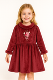 Wine Velour Winter Dress with Faux-Fur Collar & Rose Bouquet Embroidery