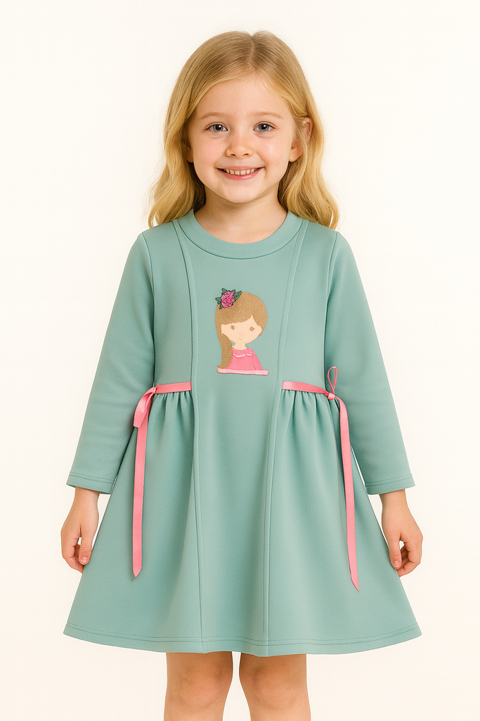 Mint Winter Dress with Girl Appliqué & Pink Ribbon Ties