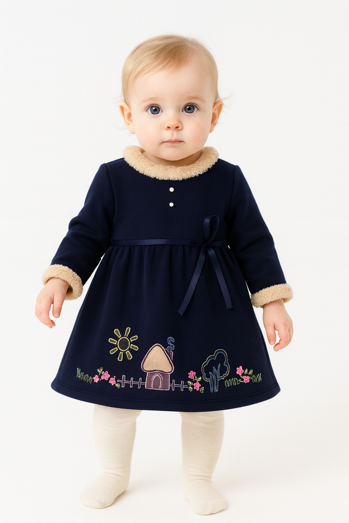 Navy Cozy Winter Dress with Faux-Fur Trim & Cottage Embroidery