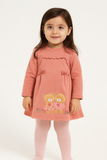 Peach Winter Dress with Teddy Bear Embroidery & Bow Detail
