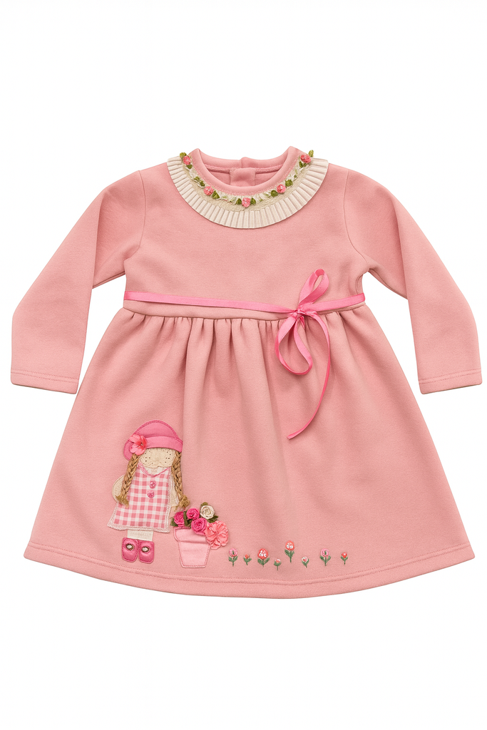 Pink Winter Dress with Doll Appliqué & Floral Neck Embroidery