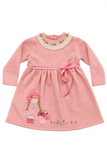 Pink Winter Dress with Doll Appliqué & Floral Neck Embroidery