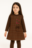 Brown Check Winter Dress with Floral Embroidery & Bow Pocket