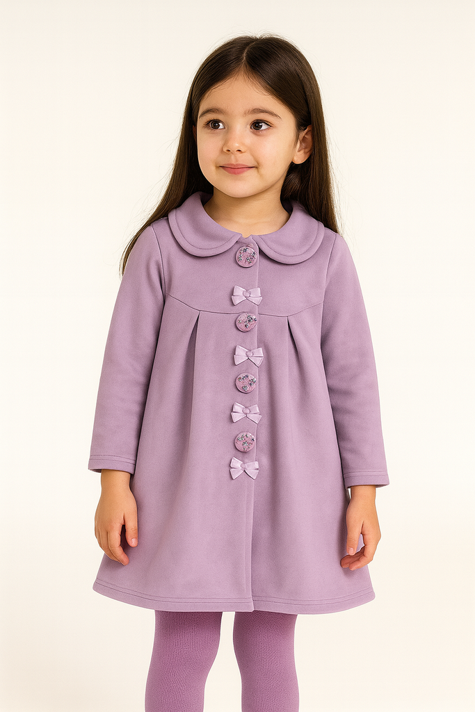 Lavender Winter Dress with Peter Pan Collar & Bow Button Detailing