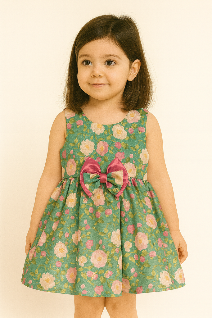 Green Floral Party Dress with Satin Bow