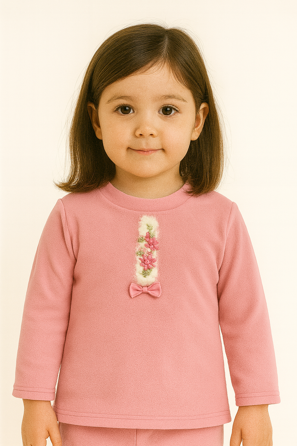 Pink Winter Top with Fur Panel, Floral Embroidery & Satin Bow